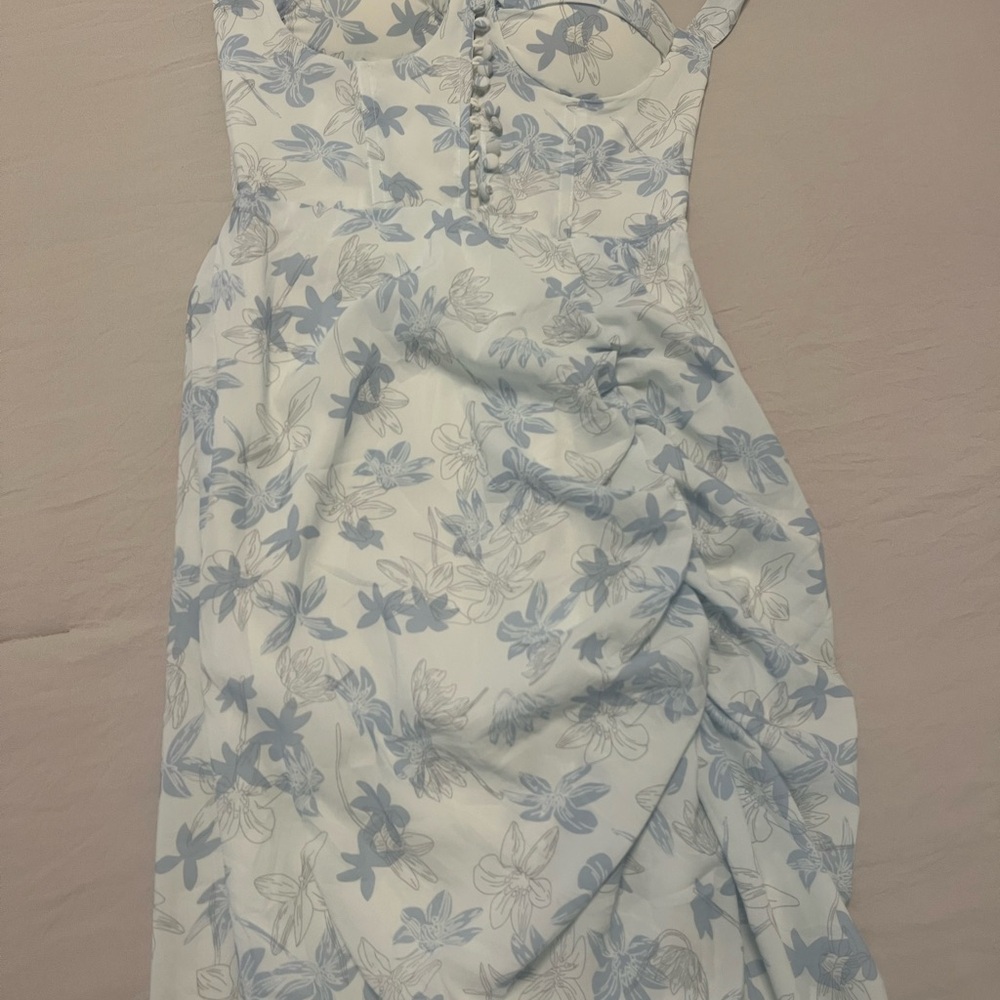 Blue and White Ruched Sundress with Flutter Sleeves for Wedding Guest